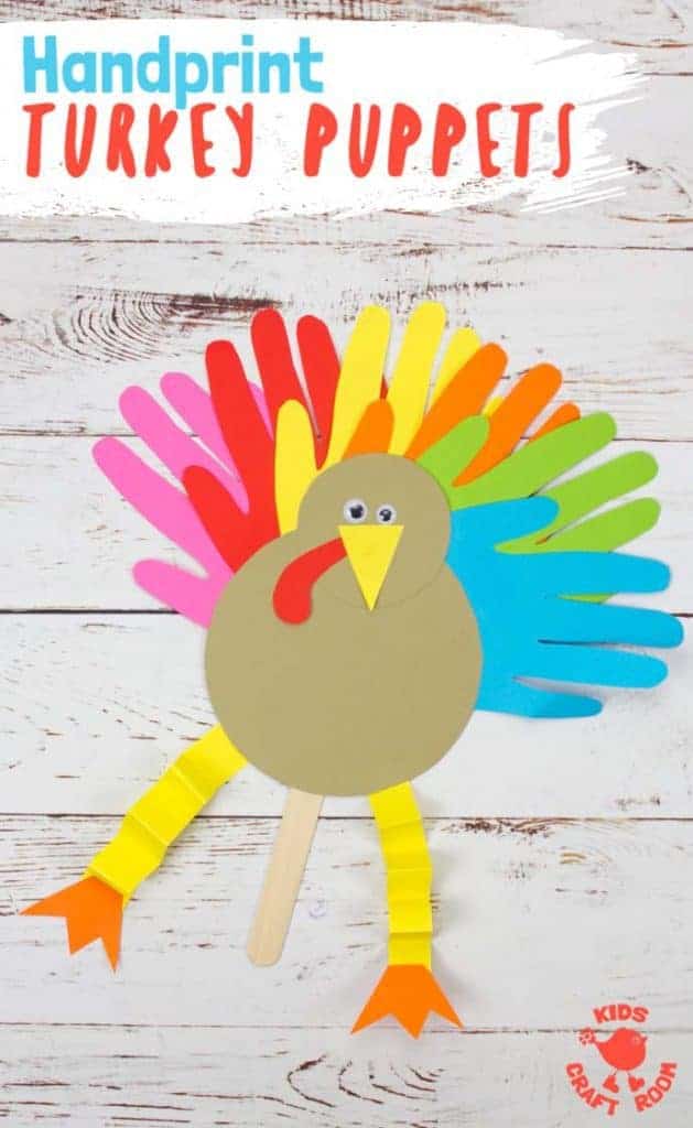 These Thanksgiving Handprint Turkey Puppets are such a fun way to keep the kids entertained this holiday and because the turkey's feathers are made from handprints they're an adorable keepsake as well! Such a fun Thanksgiving craft to make and play with and if you want to you can write thankful notes on the tail feathers too. #thanksgiving #thanksgivingcrafts #turkey #turkeycrafts #turkeyday #puppets #handprintcrafts #kidscrafts #kidscraftroom