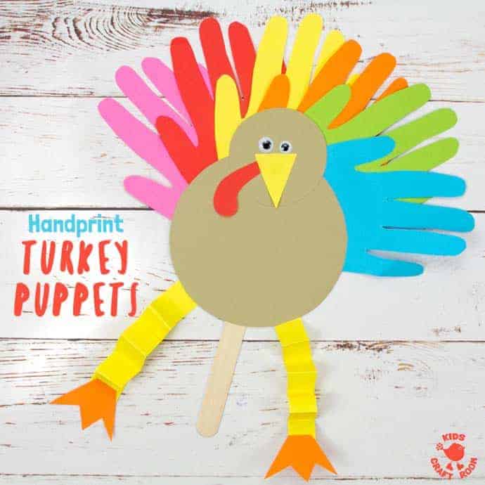These Thanksgiving Handprint Turkey Puppets are such a fun way to keep the kids entertained this holiday and because the turkey's feathers are made from handprints they're an adorable keepsake as well! Such a fun Thanksgiving craft to make and play with and if you want to you can write thankful notes on the tail feathers too. #thanksgiving #thanksgivingcrafts #turkey #turkeycrafts #turkeyday #puppets #handprintcrafts #kidscrafts #kidscraftroom