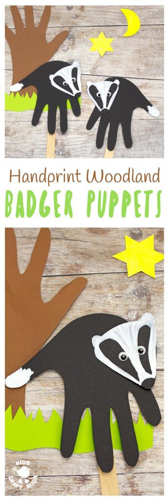 HANDPRINT BADGER PUPPETS are simple to make and a lot of fun. A handprint puppet craft to go with your favourite woodland animals story book or for imaginative play. #handprintcraft #forestcraft #woodlandcraft #puppetcraft #badger #kidscrafts #kidscraftroom #puppets