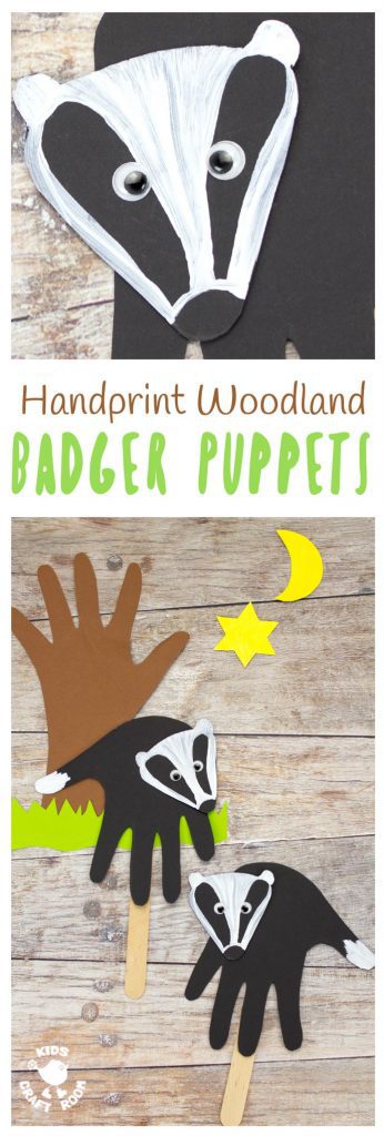 HANDPRINT BADGER PUPPETS are simple to make and a lot of fun. A handprint puppet craft to go with your favourite woodland animals story book or for imaginative play. #handprintcraft #forestcraft #woodlandcraft #puppetcraft #badger #kidscrafts #kidscraftroom #puppets
