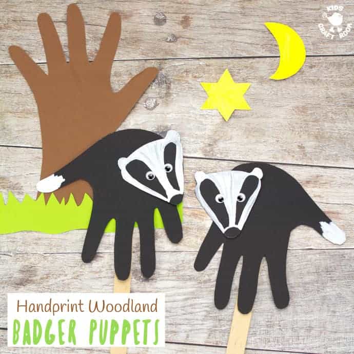HANDPRINT BADGER PUPPETS are simple to make and a lot of fun. A handprint puppet craft to go with your favourite woodland animals story book or for imaginative play. #handprintcraft #forestcraft #woodlandcraft #puppetcraft #badger #kidscrafts #kidscraftroom #puppets
