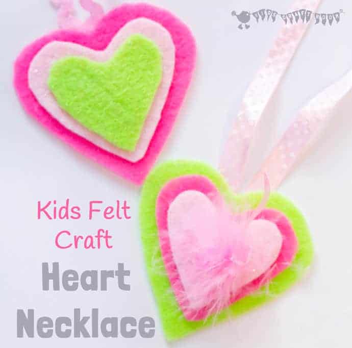 HEART NECKLACES are cute, colourful and no-sew! This kids felt craft is a great way for children to make homemade jewellery for themselves or as cute gifts. A lovely Mother's Day craft or Valentine's Day Craft for kids. #valentine #valentinesday #valentinescraft #valentinecraft #valentinescrafts #valentinecrafts #valentinesdayforkids #heart #love #heartcrafts #sewingforkids #homemadejewllery #necklace #DIYnecklace #feltcrafts #kidscrafts #craftsforkids #kidscraftroom #craftideasforkids