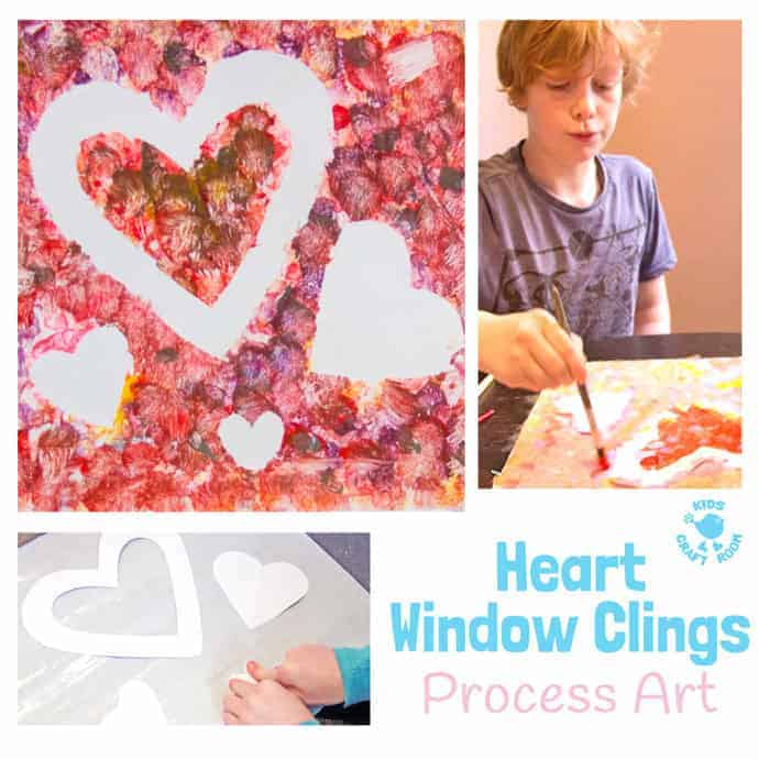 HEART WINDOW CLINGS/SUNCATCHERS - Kids from toddlers to tweens will love this fun process art project. It's a gorgeous Valentine's Day craft and perfect for Mother's Day gifts too.