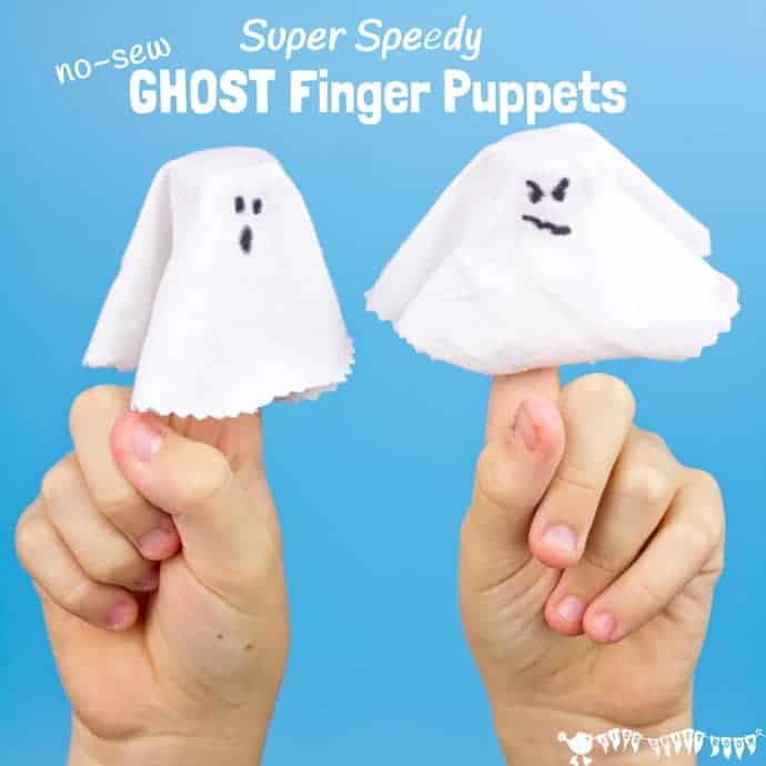 GHOST FINGER PUPPETS - Little fingers are going to wiggle with excitement for these Super Speedy No-Sew Ghost Finger Puppets! They are the perfect last minute Halloween craft. They're great fun for spooky Halloween play or story telling and kids will love popping them on their fingers and playing BOO!
