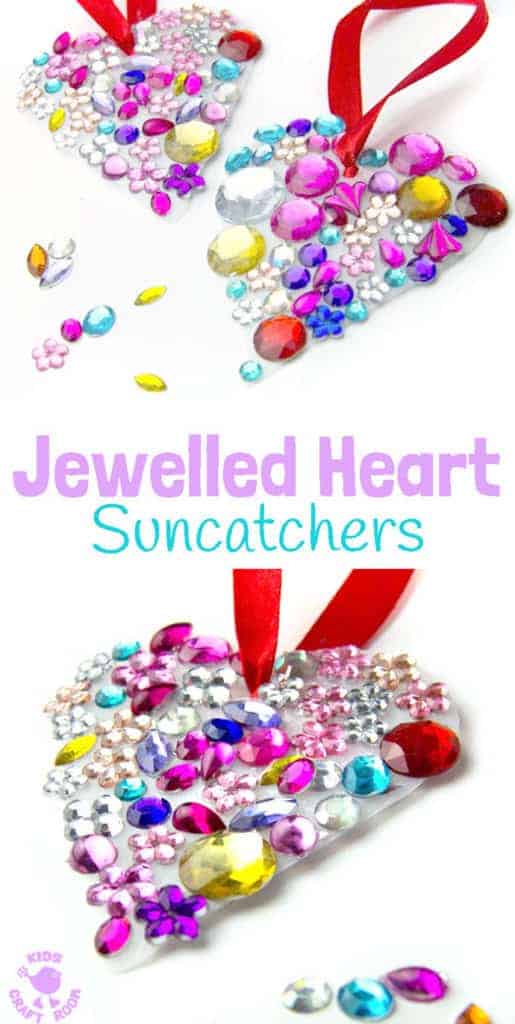 JEWELLED HEART SUNCATCHERS are so pretty! This is an easy recycled craft for kids and they make lovely gifts too. A great kids craft for Valentine's Day, Mother's Day and Summer. #valentine #valentinesday #valentinesdaycraft #valentinecraft #valentinescrafts #valentinecrafts #valentinesdayforkids #heart #love #heartcrafts #upcycledcraft #recycledcraft #suncatchers #suncatchercrafts #kidsart #ECE #kidscrafts #kidscraft #kidscrafts101 #craftsforkids #preschool #preK #earlyyears