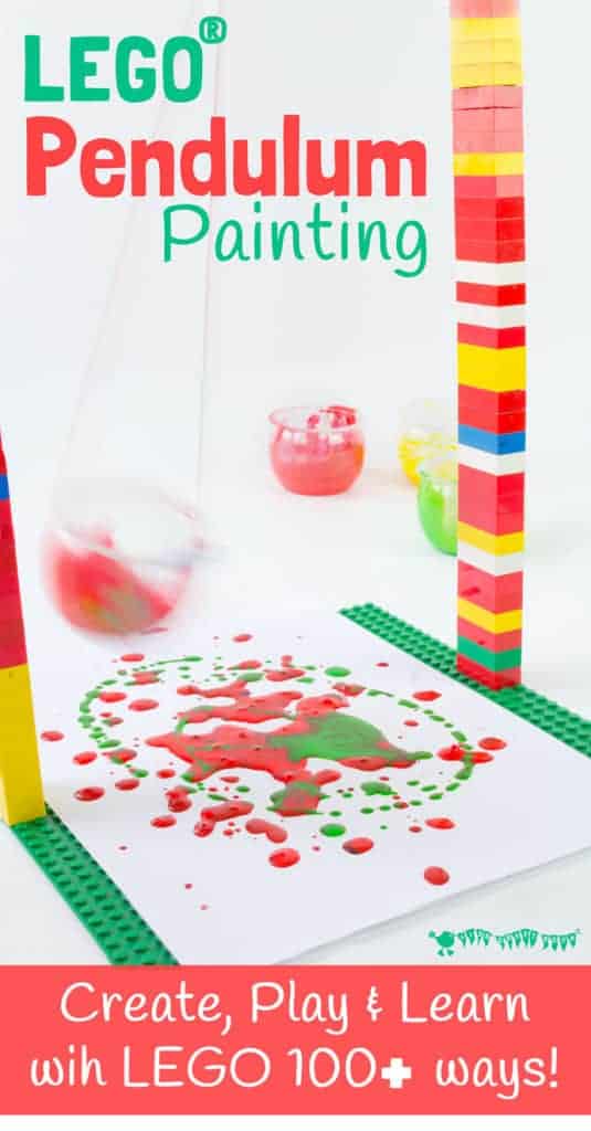 LEGO Pendulum Painting process art STEAM / STEM activity for kids. It's one of over 100 ways to create, play and learn with LEGO that your kids will LOVE. #lego #STEAM #STEM #StemED #Homeschool #Preschool #preK #teachingideas #artideas #kidsart #processart #STEMactivities #painting #learningideas #kidscraftroom #legoactivities #legoideas #kidspainting