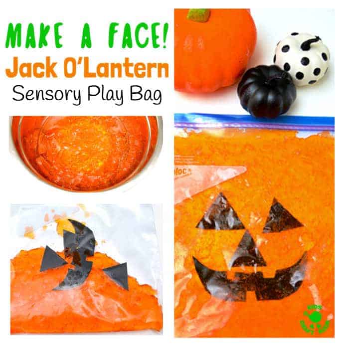 Make-A-Face Jack O'Lantern Sensory Play Bag - a fun mess free Halloween and Autumn sensory play idea kids will love. A great way to engage the senses and help kids learn and play. Squash and squish the sensory bag to move the Jack O'Lantern's face pieces around. Can you get everything in the right place? Can you make him look silly? Can you turn his face up-side-down? Sensory play ideas are such fun!