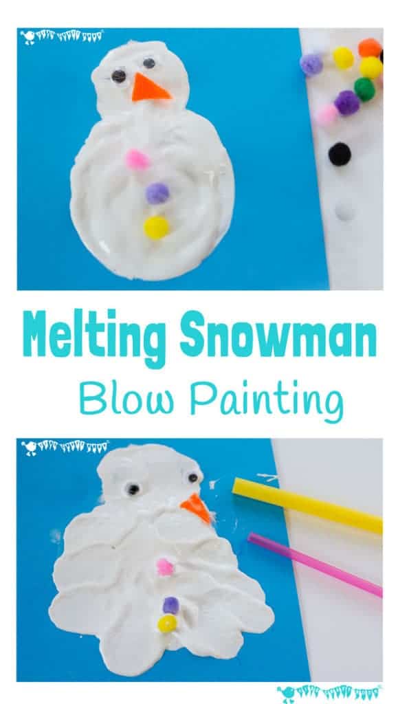 MELTING SNOWMAN BLOW PAINTING ACTIVITY - A Winter painting activity for kids to enjoy the thrills of snowman building and melting even when there isn't any real snow! #snowman #snowmancraft #painting #paintingforkids #kidsart #winter #winterart #artideas #artforkids #snowmanactivity #paintingideas #blowpainting #sensory #winteractivities #winterplayideas #playideas #invitationtocreate #creativekids #kidsartideas #snowmen #paintingactivity #kidsactivities