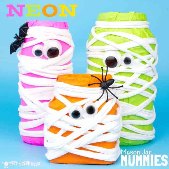 This Halloween make spooky Neon Mason Jar Mummies. These colourful mummies look great day and night! Fill them with candy or tea lights for Mummy Lanterns.