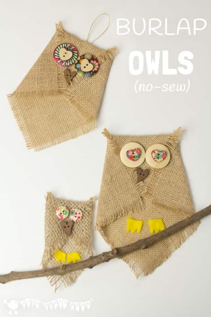Adorable no-sew button and burlap owl craft. An easy owl craft for kids and grown ups that can be used to make lots of lovely unique homemade owl gifts too.