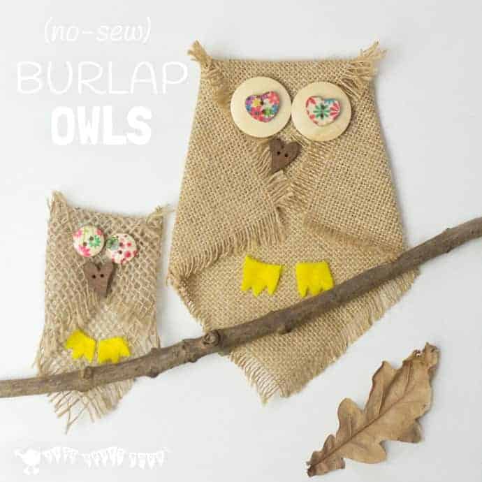 BUTTON AND BURLAP OWL CRAFT - Adorable no-sew burlap craft. An easy owl craft for kids and grown ups that can be used to make lots of lovely unique homemade owl gifts or owl ornaments. Who can resist a cute button craft? #owlcrafts #burlapcrafts #buttoncrafts #owls #kidscrafts #Fallcrafts #easycrafts #craftsforkids