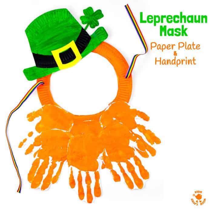 This Paper Plate and Handprint Leprechaun Mask is such a fun St Patrick's Day craft for kids. Easy to make and fun for imaginative play as cheeky leprechauns! The best paper plate craft and handprint craft for St Paddy's Day, so it is!