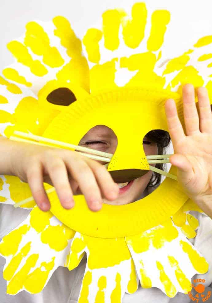 Kids will love adorable Handprint and Paper Plate Lion Masks. These easy animal masks are fun for the dress up box and a great way to inspire dramatic play.