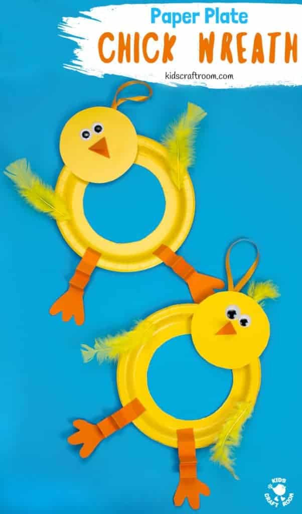 This Paper Plate Chick Wreath Craft is a perfect Spring craft or Easter craft for kids! This chick craft is very easy and looks so cute hanging on the door! Paper plate crafts are so fun! via #kidscraftroom #eastercrafts #easterchicks #chicks #springcrafts #springcraftsforkids #wreaths #wreathmaking #easterwreaths #paperplatecrafts #kidscrafts