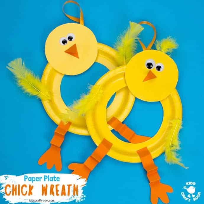 This Paper Plate Chick Wreath Craft is a perfect Spring craft or Easter craft for kids! This chick craft is very easy and looks so cute hanging on the door! Paper plate crafts are so fun! via #kidscraftroom #eastercrafts #easterchicks #chicks #springcrafts #springcraftsforkids #wreaths #wreathmaking #easterwreaths #paperplatecrafts #kidscrafts
