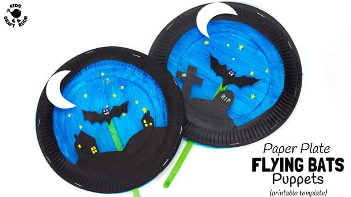 PAPER PLATE BAT PUPPETS - This fun bat craft has a bat puppet for kids to fly in a paper plate theatre back drop! A great bat puppet craft to inspire imaginative play and story telling. With two printable templates to choose from this makes a super Halloween craft or for all year round bat fun. #PaperPlateCraft #HalloweenCraft