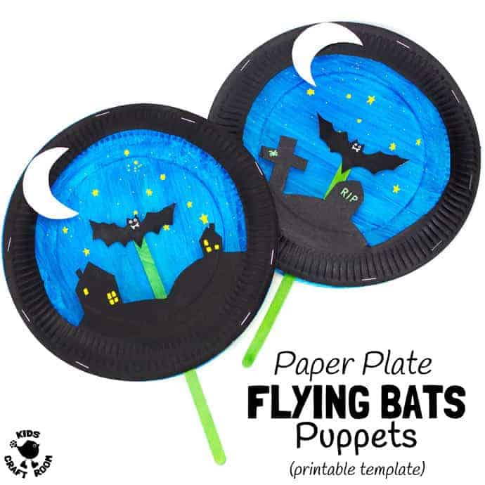 PAPER PLATE BAT PUPPETS - This fun bat craft has a bat puppet for kids to fly in a paper plate theatre back drop! A great bat puppet craft to inspire imaginative play and story telling. With two printable templates to choose from this makes a super Halloween craft or for all year round bat fun. #PaperPlateCraft #HalloweenCraft