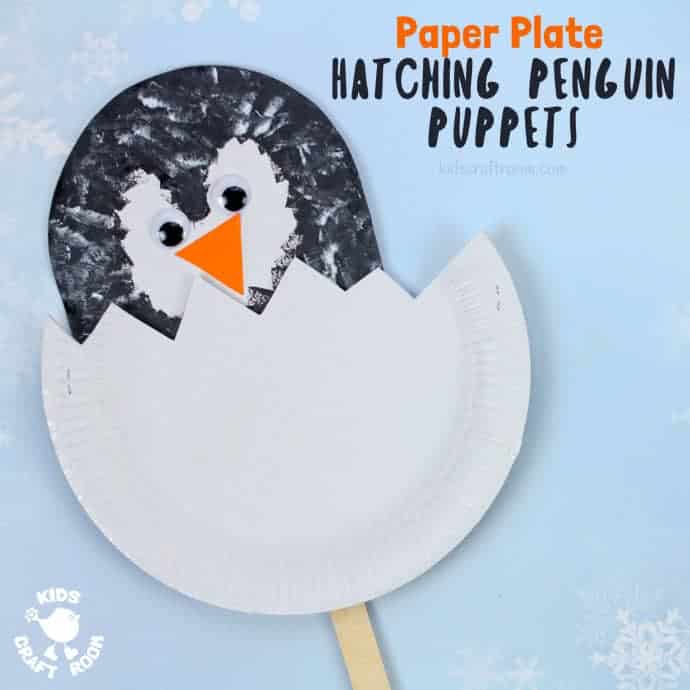Hatching Paper Plate Penguin Chick Puppets are easy and so cute! This paper plate penguin craft is a fun and interactive Winter craft for toddlers and preschoolers. #penguins #penguin #penguincrafts #paperplates #paperplatecrafts #kidscraftroom #kidscrafts #kidscraft #winter #wintercrafts #puppets #puppetcrafts