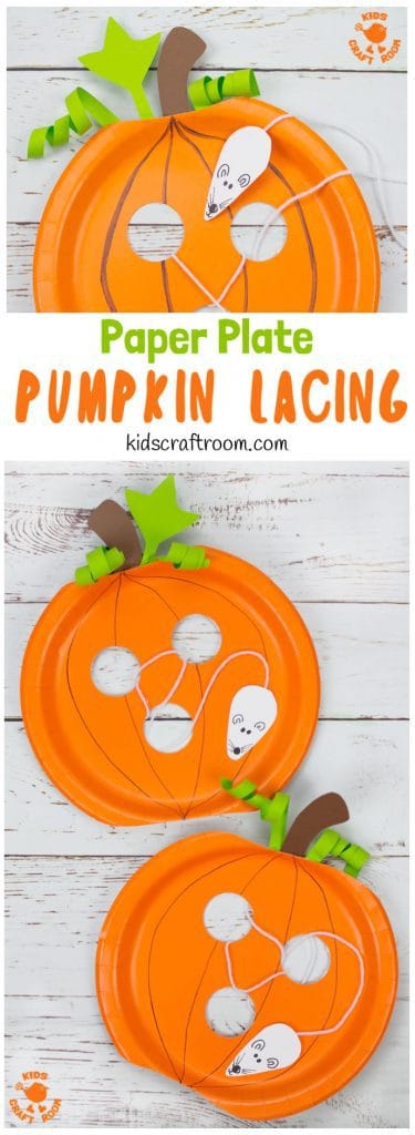 This Paper Plate Pumpkin Lacing Craft is loads of fun! Kids will love lacing the mouse through the holes in the pumpkin that the cheeky fellow has nibbled! An interactive paper plate pumpkin craft for toddlers and preschoolers. A fun non scary Halloween craft for kids. #halloween #halloweencrafts #pumpkins #pumpkincrafts #kidscrafts #craftsforkids #kidscraft #fallcrafts #autumncrafts #paperplates #paperplatecrafts #kidscraftroom