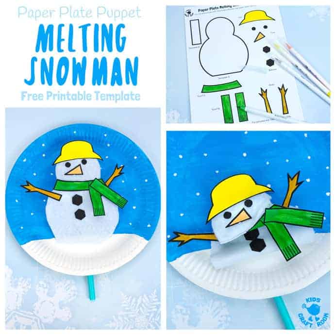 This Paper Plate Melting Snowman Craft tops the bill with adorability. If you've got kids that love to build a snowman then this is the Winter craft for them! Use our free printable template to make a snowman puppet that can melt to the ground and then pop back up ready to start the fun and games all over again! #snowman #snowmancrafts #paperplate #paperplatecrafts #kidscrafts #wintercrafts #puppets #puppetcrafts #kidscraftroom #craftsforkids #kidscrafts101 #printables