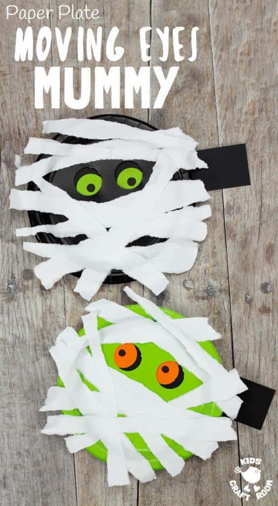 MOVING EYES PAPER PLATE MUMMY CRAFT Halloween crafts are great but interactive Halloween craft ideas are even better! Kids can move this mummy's eyes from side to side! Have you seen mummy craft ideas as spooky and fun as this? This simple paper plate craft is easy enough to make with toddlers and their creepy eyes will make them just as fun for big kids too. #Halloween #Halloweencrafts #mummycrafts #mummycraft #halloweenmummy #paperplatecrafts #kidscrafts #kidscraftroom