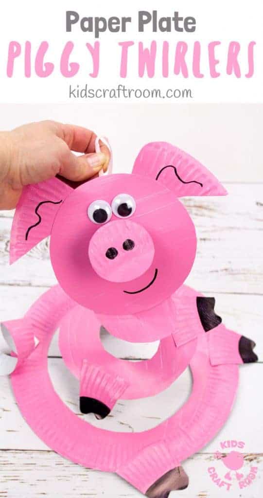 This Paper Plate Pig Twirler is adorable! A simple pig craft that's really quick and easy to make. Hold your pig twirler craft up and give it a blow to see it spin round and round. Such a fun paper plate craft for kids. Great for farm animal themes and Chinese year of the pig. #kidscraftroom #pigcrafts #pigs #paperplates #paperplatecrafts #twirlers #whirligigs #preschoolcrafts #toddlercrafts