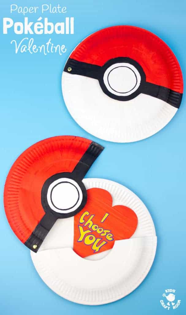 This Paper Plate Pokeball craft actually opens with storage space inside for figures, or cards! We've turned ours into a cute "I Choose You" Pokemon Valentine! This is such a fun Pokemon craft for kids. #valentine #valentinesday #valentinescraft #valentinecraft #valentinescrafts #valentinecrafts #valentinesdayforkids #heart #love #pokemon #pokeball #kidscrafts #paperplatecrafts #paperplate #kidscraftroom