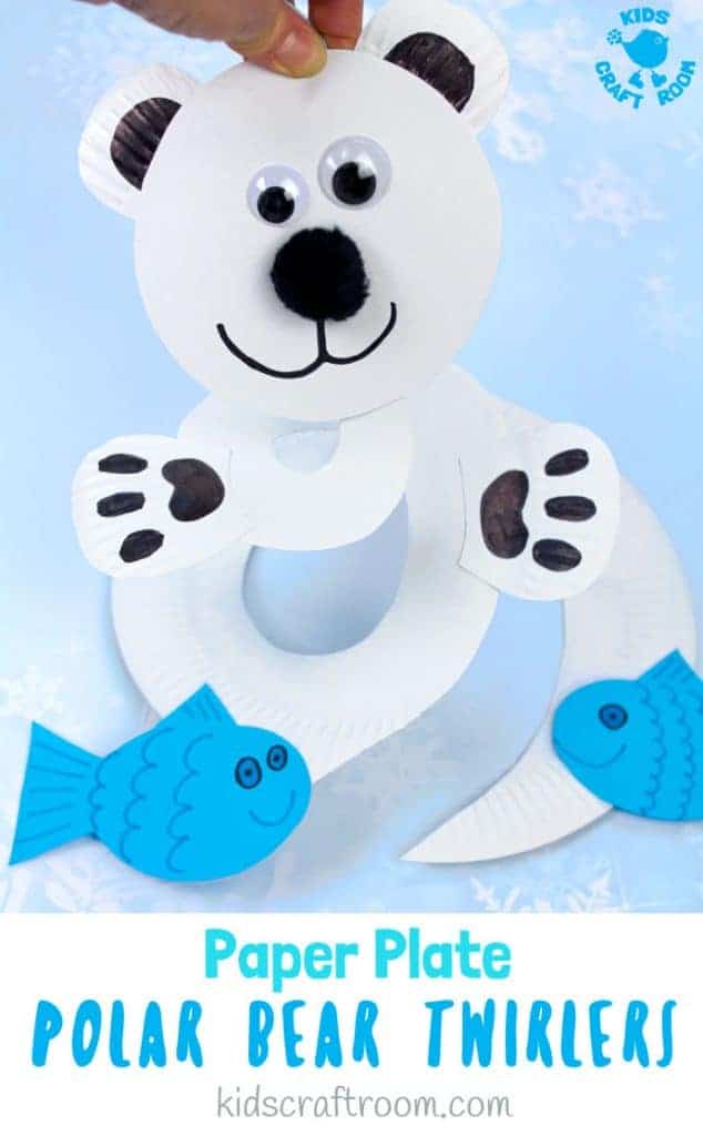 How fun is this Paper Plate Polar Bear Twirler? Hold it high and give it a blow to watch it go, go go! This is a lovely interactive Winter craft for kids that's really easy to make with paper plates. Paper plate twirlers are so fun! #kidscraftroom #polarbears #wintercrafts #wintercraftsforkids #paperplates #paperplatecrafts #twirler #whirligig #kidscrafts #toddlercrafts #preschoolcrafts #easycraftsforkids #easycrafts #spinners