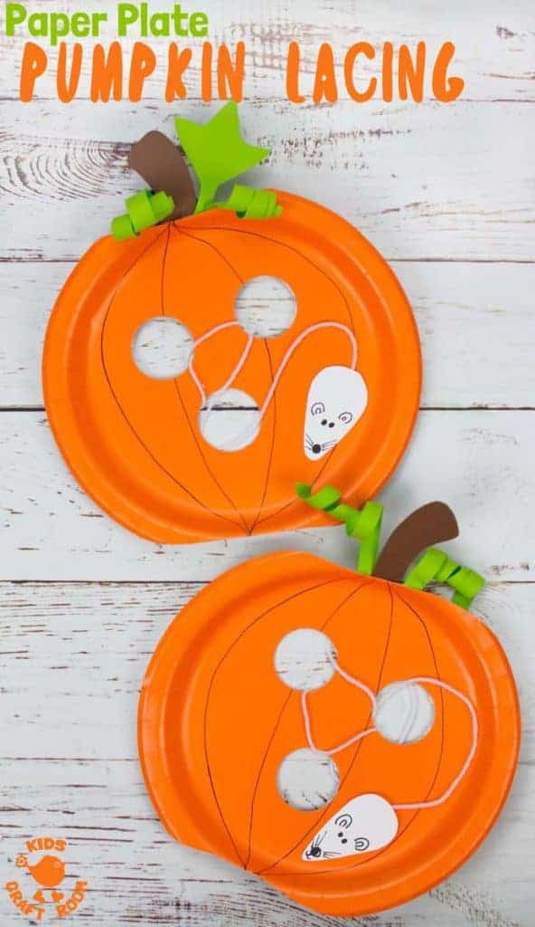 This Paper Plate Pumpkin Lacing Craft is loads of fun! Kids will love lacing the mouse through the holes in the pumpkin that the cheeky fellow has nibbled! An interactive paper plate pumpkin craft for toddlers and preschoolers. A fun non scary Halloween craft for kids. #halloween #halloweencrafts #pumpkins #pumpkincrafts #kidscrafts #craftsforkids #kidscraft #fallcrafts #autumncrafts #paperplates #paperplatecrafts #kidscraftroom