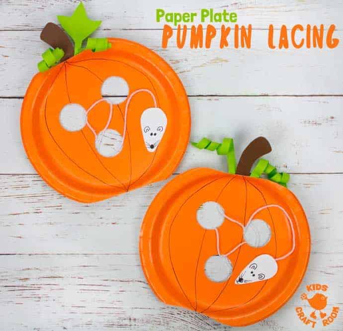 This Paper Plate Pumpkin Lacing Craft is loads of fun! Kids will love lacing the mouse through the holes in the pumpkin that the cheeky fellow has nibbled! An interactive paper plate pumpkin craft for toddlers and preschoolers. A fun non scary Halloween craft for kids. #halloween #halloweencrafts #pumpkins #pumpkincrafts #kidscrafts #craftsforkids #kidscraft #fallcrafts #autumncrafts #paperplates #paperplatecrafts #kidscraftroom