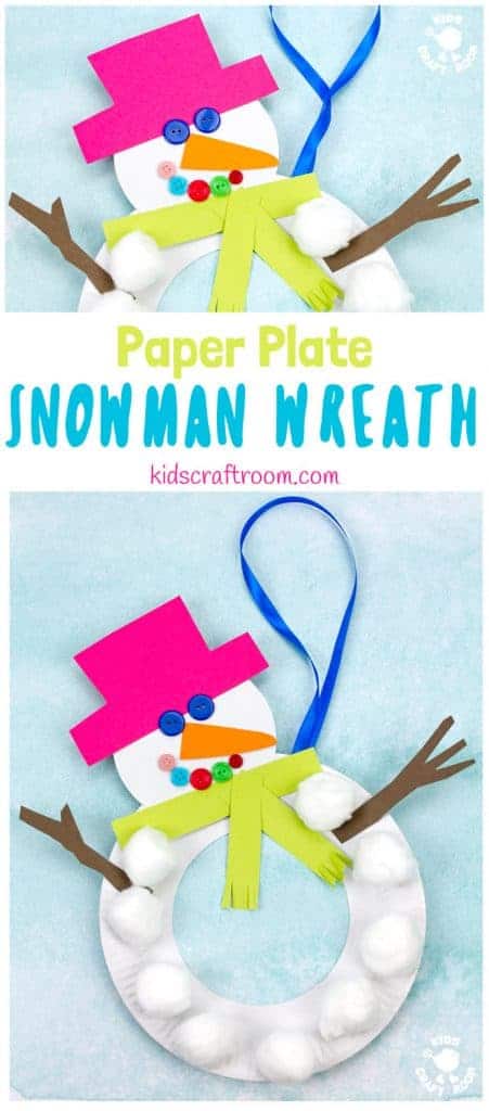 This Paper Plate Snowman Wreath is adorable! With button eyes and a cheeky smile no-one will be able to resist! This simple paper plate snowman craft is a great Christmas and Winter craft. Hang them on the door, window or wall for some snowman craft fun! #winter #snowman #wreath #paperplate #kidscrafts #wintercrafts #christmascrafts #christmas #paperplatecrafts #preschool #toddlers #kidscraftroom