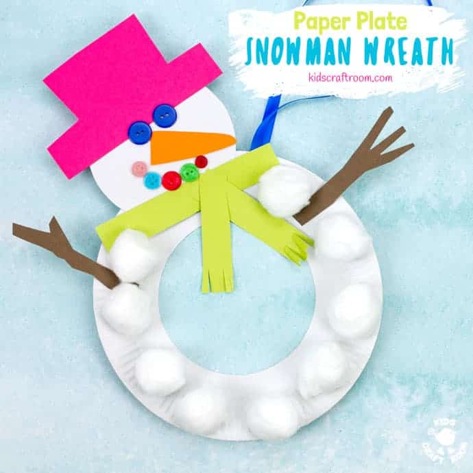 This Paper Plate Snowman Wreath is adorable! With button eyes and a cheeky smile no-one will be able to resist! This simple paper plate snowman craft is a great Christmas and Winter craft. Hang them on the door, window or wall for some snowman craft fun! #winter #snowman #wreath #paperplate #kidscrafts #wintercrafts #christmascrafts #christmas #paperplatecrafts #preschool #toddlers #kidscraftroom