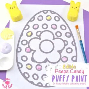 Here's a wonderfully easy Peeps Edible Puffy Paint Recipe you can make in just minutes. This homemade paint is fluffy and soft and comes in gorgeous pastel colours perfect for Spring and Summer art. Kids will have a finger licking good time getting creative with this fun and delicious sensory painting idea! #paintrecipe #painting #homemadepaint #ediblepaint #fingerpaintrecipe #puffypaint #puffypaintrecipe #easter #printables #kidsart #kidscraftroom #kidscrafts