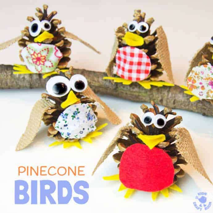 Pinecone Birds are a fun kids craft all year round. At Christmas make an adorable pinecone robin ornament to hang on the tree. Pinecone crafts are a great way to introduce nature crafts for kids.