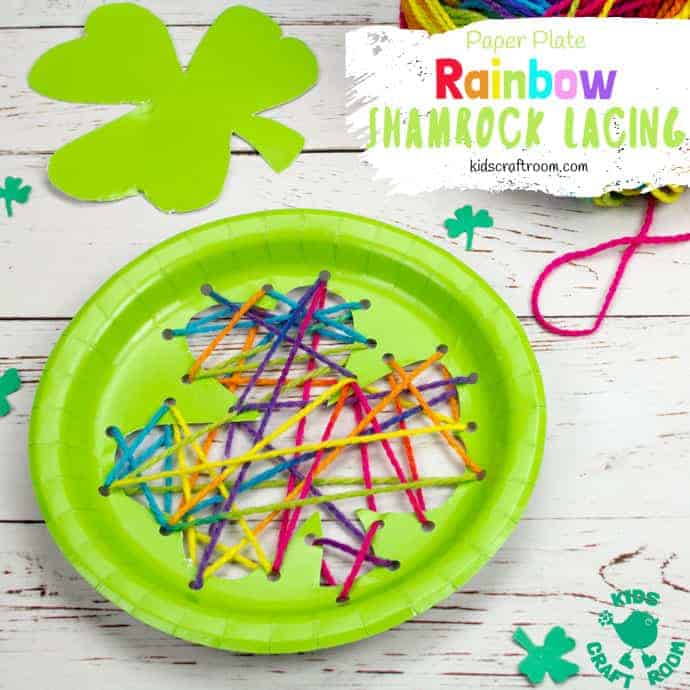 This paper plate St Patrick's Day Shamrock Lacing Craft is fun for kids to practise fine motor skills as they lace and sew a colourful rainbow shamrock leaf! An easy St Patrick's Day craft for kids. Paper plate crafts are so fun! #kidscraftroom #shamrock #stpatricksdaycrafts #stpatricksdaydecorations #paperplatecrafts #kidscrafts #preschoolcrafts