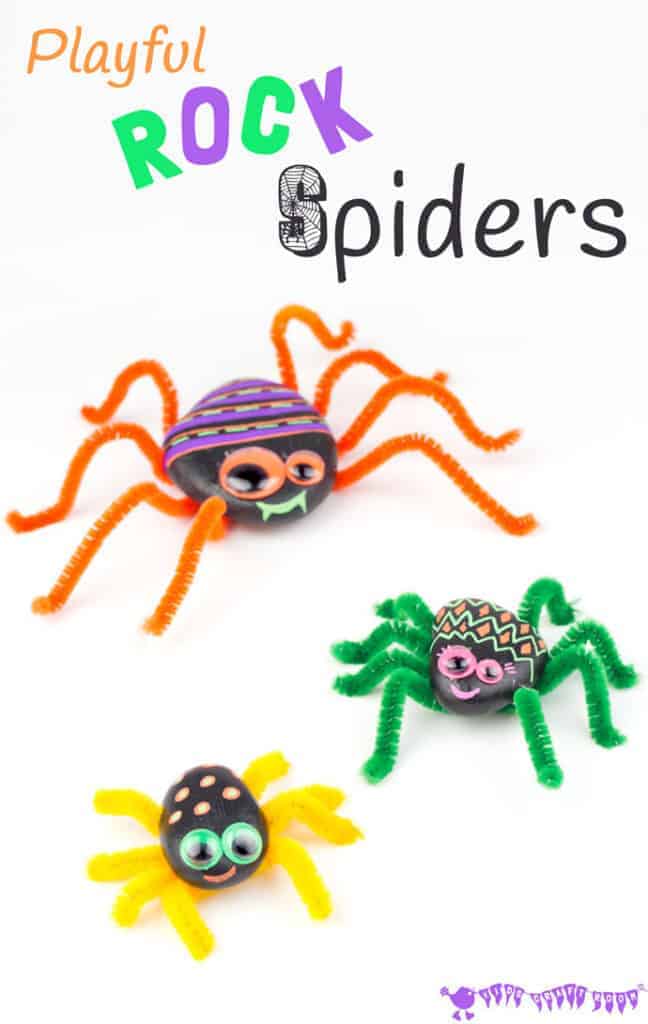 PLAYFUL ROCK SPIDER CRAFT is adorably cute! Homemade spiders are fab for year round imaginative play, acting out Itsy Bitsy Spider songs and Halloween! A fun pebble nature craft for kids. #rockcrafts #naturecrafts #spidercrafts #pebbleart #rockart #animalcrafts #insectcrafts #spiders #natureactivities #pipecleanercrafts #kidscrafts #kidscrafts101 #halloweencrafts #halloweencraftsforkids #itsybitsyspider #kidscraftroom #letsgetcrafty #kidcrafts