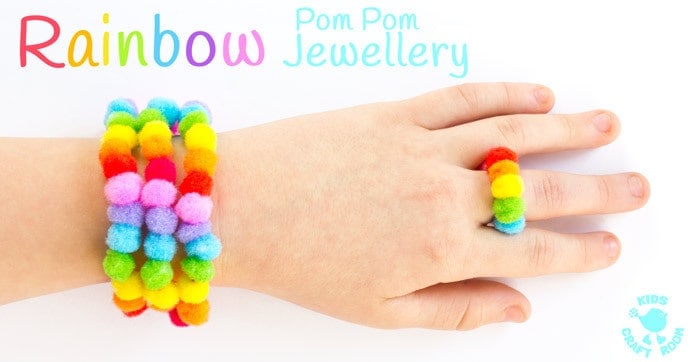 POM POM RAINBOW JEWELLERY CRAFT - Big kids, tweens and teens will love this cute and easy Rainbow Craft. Learn how to make rainbow bracelets, necklaces and rings to wear or gift to friends. A super St Patrick's Day craft with a difference!