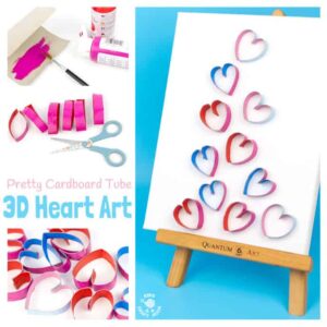 3D CARDBOARD TUBE HEART ART recycles TP rolls into beautiful pictures! Introduce kids to art that isn't flat! Working in 3D can be very exciting! 3D Heart Art is a lovely Valentine's Day craft for kids and makes adorable homemade gifts for Mother's Day or Grandparent's Day. #valentine #valentinesday #valentinescraft #valentinecraft #valentinescrafts #valentinecrafts #valentinesdayforkids #heart #love #kidscrafts #kidsart #kidscraftroom