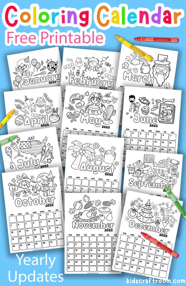 12 monthly free printable coloring calendar pages scattered on a blue background with wax crayons.