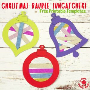Christmas Bauble Suncatchers are a fun way to make your windows look colourful and festive. These pretty Christmas suncatchers are easy to make with 3 free printable frames to choose from. A colourful Christmas ornaments craft for kids of all ages. #suncatcher #christmas #baubles #christmascrafts #kidscrafts #kidscraftroom #papercrafts #washitape #ornaments #freeprintable #printable