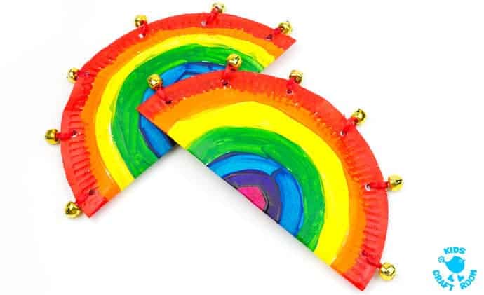 RAINBOW PAPER PLATE TAMBOURINE CRAFT - A fab homemade musical instrument to inspire creativity and fun. Kids will love to sing and dance with colourful rainbow paper plate tambourines.
