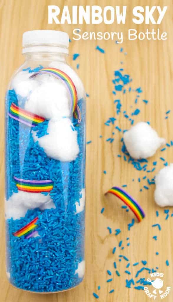 RAINBOW SKY SENSORY BOTTLES are a fun discovery bottle sensory play idea. They bring the beauty and magic of weather indoors to be enjoyed close up again and again. A super Spring and Summer sensory activity for babies, toddlers and preschoolers.