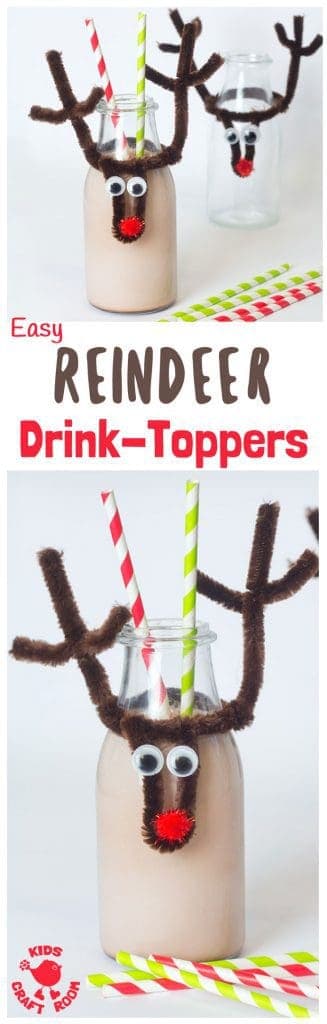 REINDEER CHRISTMAS BOTTLE TOPS This easy reindeer craft makes bottles fun and festive. Pop them on kids milk bottles, fizzy pop or even wine for the grown ups! Make them wider for glasses too. A fun Christmas craft for kids. #reindeer #rudolf #christmas #christmascraft #diy #bottletops #kidscrafts #christmasideas #ornaments #kidscraftroom