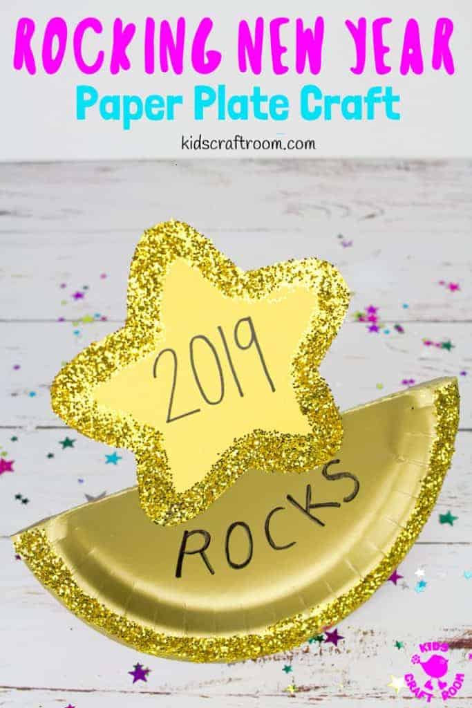 The New Year will be absolutely awesome and totally rocking! This easy paper plate New Year's Eve Craft is a great way for kids to enjoy the celebrations! #kidscraftroom #newyearseve #newyears #newyearseveparty #newyearsevecrafts #newyearkids #newyearsevekids #kidsnewyear #paperplates #paperplatecrafts #kidscrafts #kidsactivities via @KidsCraftRoom