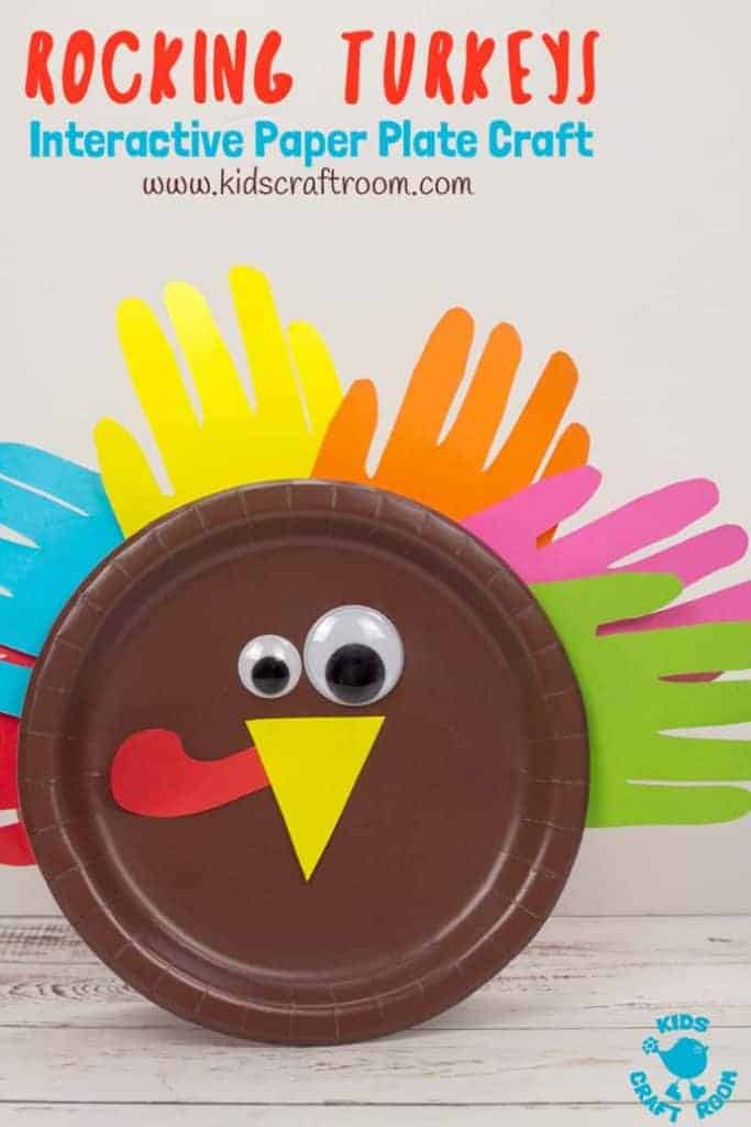 Looking for a fun and interactive Thanksgiving craft for toddlers and preschoolers? This Rocking Paper Plate Turkey Craft is super simple for little hands to make and play with. This easy Thanksgiving turkey craft is free standing and wobbles from side to side when kids tap it. Simple paper plate crafts can be such fun! Gobble! #thanksgiving #thanksgivingcrafts #turkeys #turkeycrafts #kidscrafts #paperplatecrafts #turkeyday #thanksgivingactivities #kidscraftroom