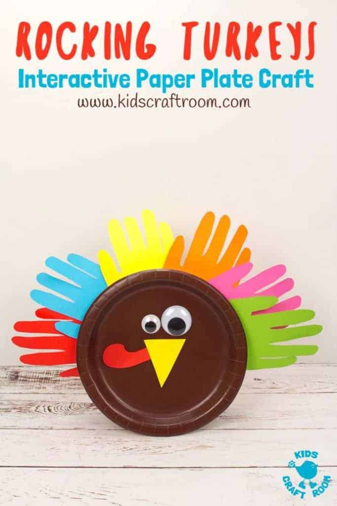 Looking for a fun and interactive Thanksgiving craft for toddlers and preschoolers? This Rocking Paper Plate Turkey Craft is super simple for little hands to make and play with. This easy Thanksgiving turkey craft is free standing and wobbles from side to side when kids tap it. Simple paper plate crafts can be such fun! Gobble! #thanksgiving #thanksgivingcrafts #turkeys #turkeycrafts #kidscrafts #paperplatecrafts #turkeyday #thanksgivingactivities #kidscraftroom