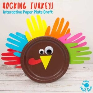 Looking for a fun and interactive Thanksgiving craft for toddlers and preschoolers? This Rocking Paper Plate Turkey Craft is super simple for little hands to make and play with. This easy Thanksgiving turkey craft is free standing and wobbles from side to side when kids tap it. Simple paper plate crafts can be such fun! Gobble! #thanksgiving #thanksgivingcrafts #turkeys #turkeycrafts #kidscrafts #paperplatecrafts #turkeyday #thanksgivingactivities #kidscraftroom