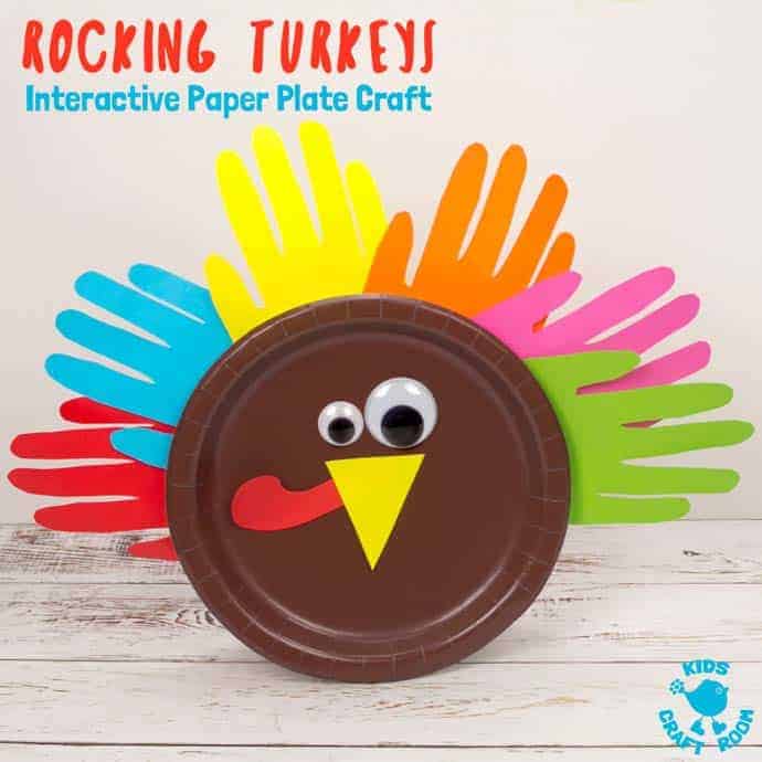 Looking for a fun and interactive Thanksgiving craft for toddlers and preschoolers? This Rocking Paper Plate Turkey Craft is super simple for little hands to make and play with. This easy Thanksgiving turkey craft is free standing and wobbles from side to side when kids tap it. Simple paper plate crafts can be such fun! Gobble! #thanksgiving #thanksgivingcrafts #turkeys #turkeycrafts #kidscrafts #paperplatecrafts #turkeyday #thanksgivingactivities #kidscraftroom