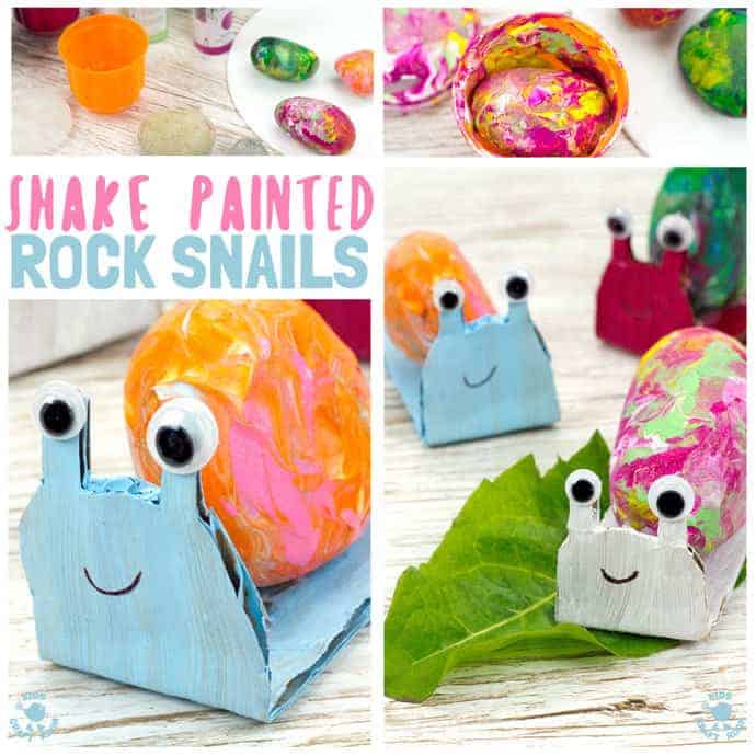 SHAKE PAINTING - CUTE SNAIL ROCK CRAFT- This rock painting idea gets kids active and is virtually mess free! With this cute Snail Craft kids shake out their wiggles and fidgets and create beautifully painted rocks that make perfect snail shells! Grab your rocks, your kids and your wiggles and let's get making cute snails. It is so much fun and each one is unique!