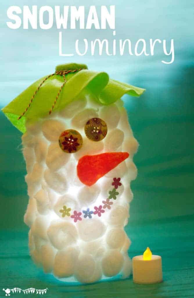DIY SNOWMAN LUMINARIES - These fluffy Snowman Luminaries look cute and fluffy during the day and just adorable glowing in the evenings! An easy and frugal recycled snowman craft for kids. #snowman #snowmancrafts #luminary #lantern #winter #wintercrafts #kidscrafts #kidscraftroom #recycled via @KidsCraftRoom